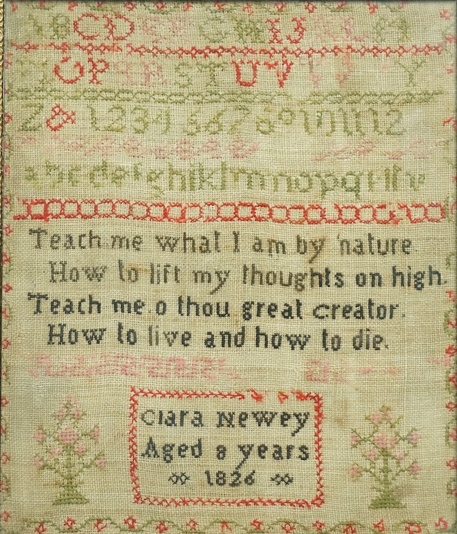 An early 19th century cross stitch alphabet sampler, dated 1826, by Clara Newey, aged 8 years. Worked in black, pink, green and red wool with a central religious verse. 23cm wide x 27.5cm high. Condition - some fading to